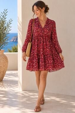 Zara Dress XS Red Floral Semi Sheer Ruffle Tiered Mini Boho Long Sleeve Romantic